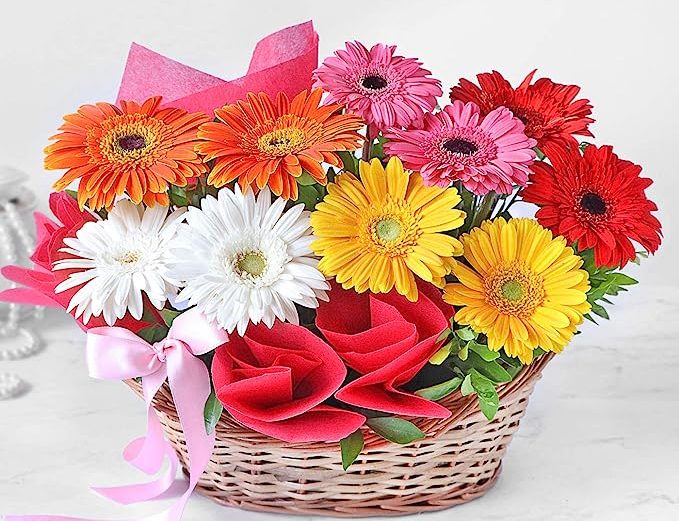Beautifully Arranged Basket of Fresh Mixed Gerberas Flowers