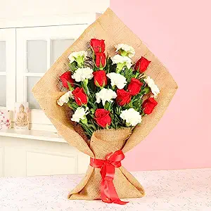 10 Red Roses & 10 White Carnations Fresh Live Flowers Bouquet