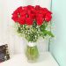 Bunch Of 24 Red Fresh Live Roses Flowers In Glass Vase