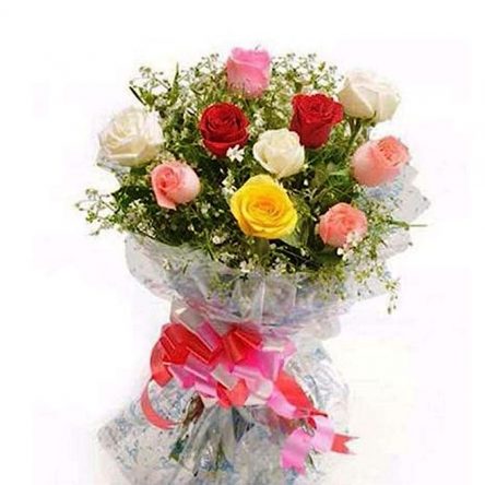 Fresh Flower Bouquet of 12 Mixed Roses in Cellophane wrapping